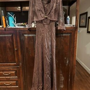 Elegant Brown Evening Gown with Sheer Jacket